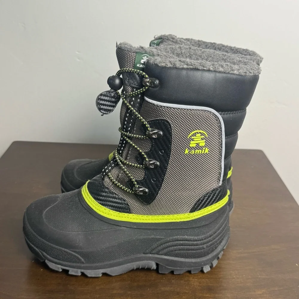 Kamik Luke Winter Boots Kids 3 Insulated -40F Snow Black Grey Yellow